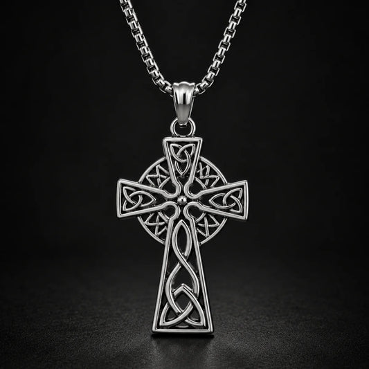 Trinity Knot Cross Necklace Silver Close Up Black Background