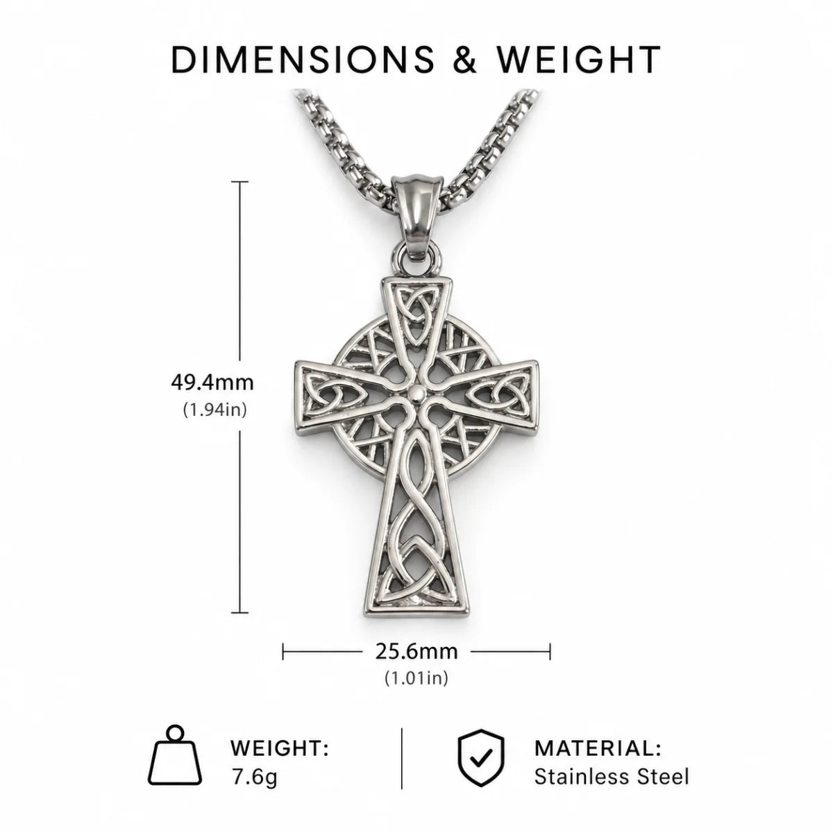 Trinity Knot Cross Necklace Silver Dimension Diagram 58.7mm 2.31inch and 36.6mm 1.44inch 15.6g 0.55oz
