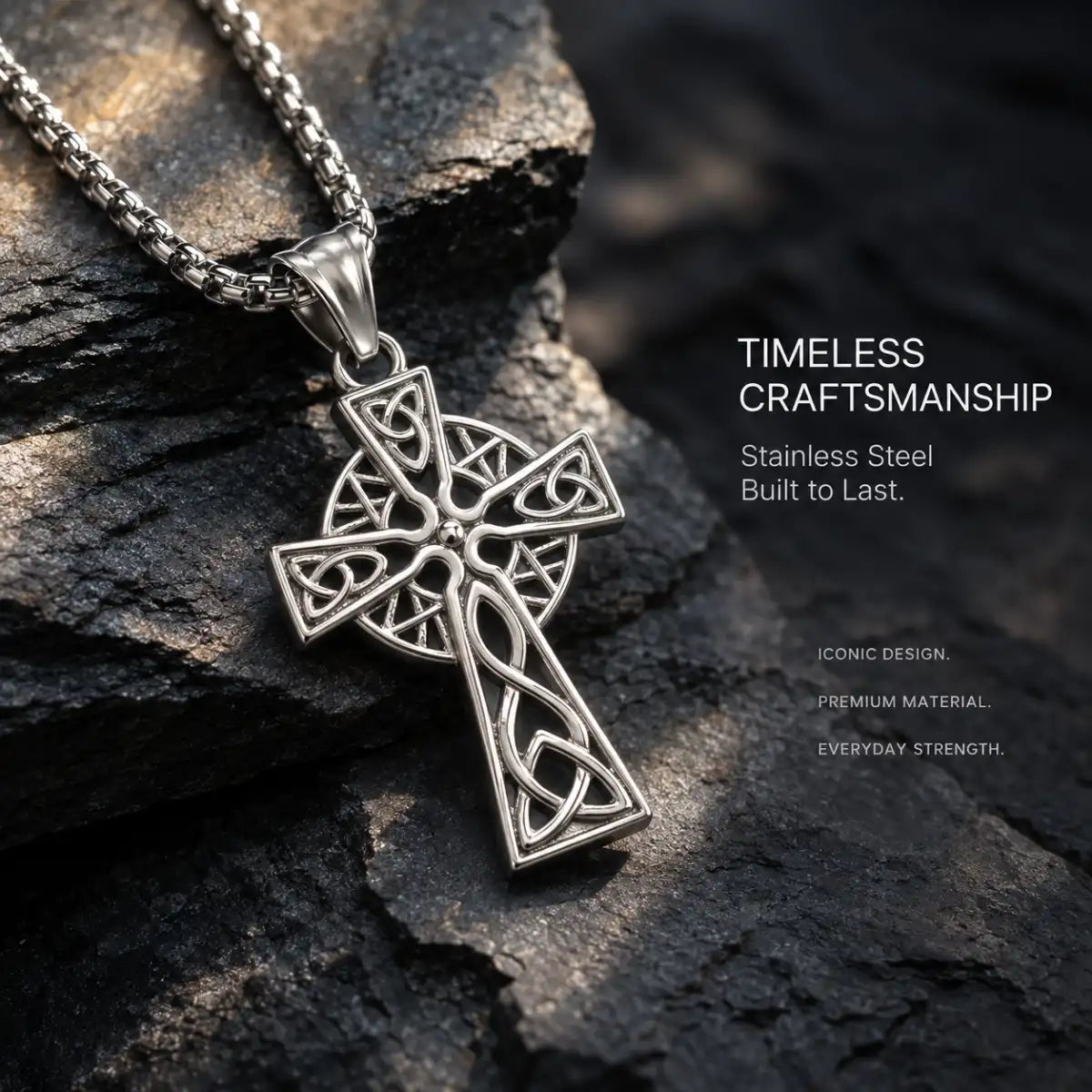 Trinity Knot Cross Necklace Silver Displayed on Stone Surface