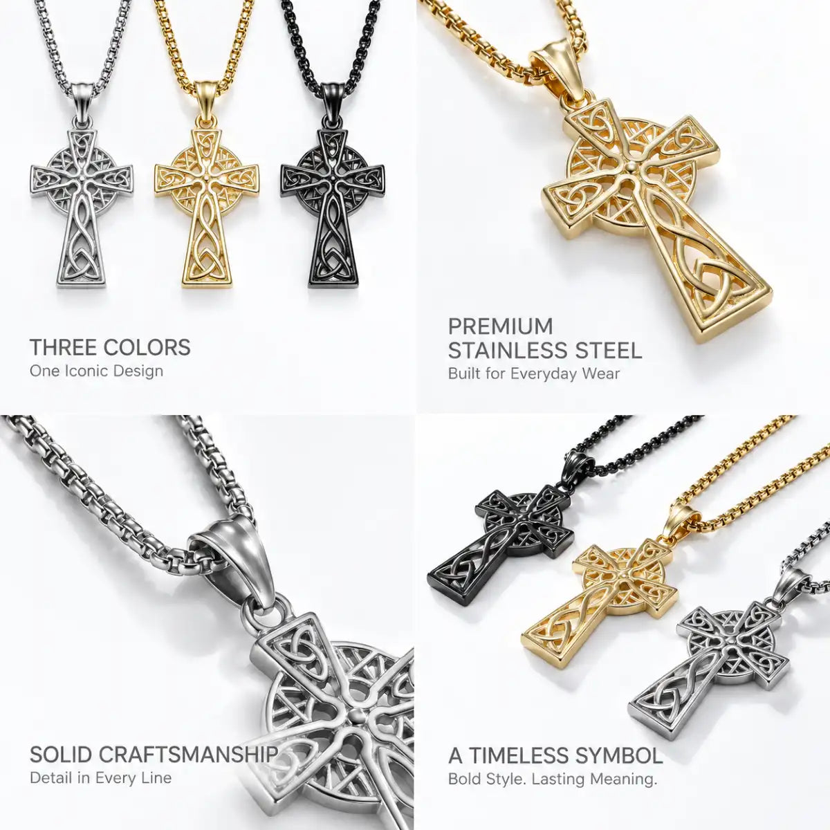 Trinity Knot Cross Necklace Silver Gold Black Color and Style Options Showcase