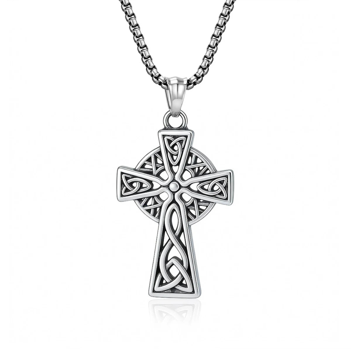 Trinity Knot Cross Necklace Silver Pendant with Chain Front View White Background