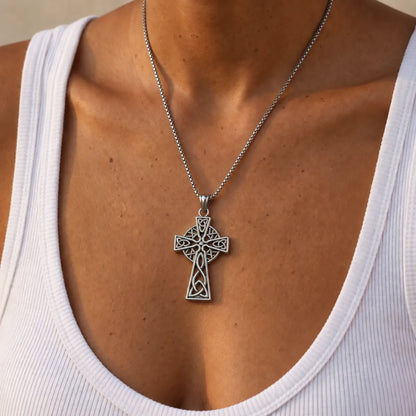Trinity Knot Cross Necklace Silver Worn by Model Chest View