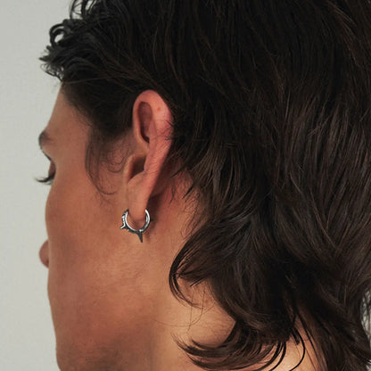 Triple Spike Huggie Hoop Earrings Worn by Male Model Back View