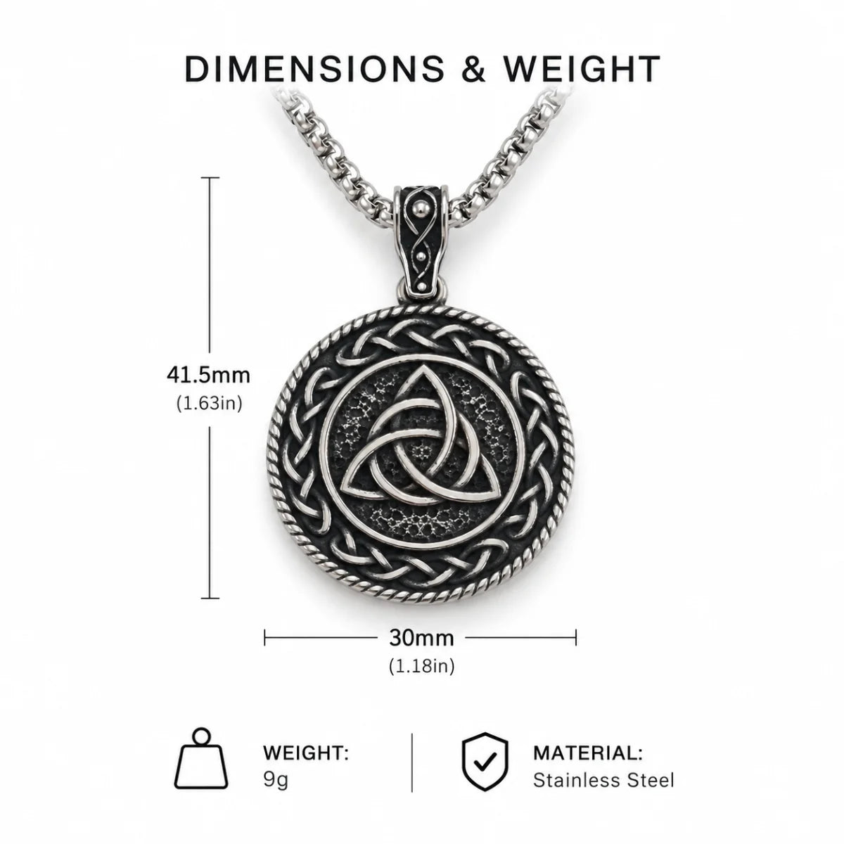 Triquetra Medallion Necklace Dimension Diagram 42.1mm 1.66inch and Weight 33g 1.16oz
