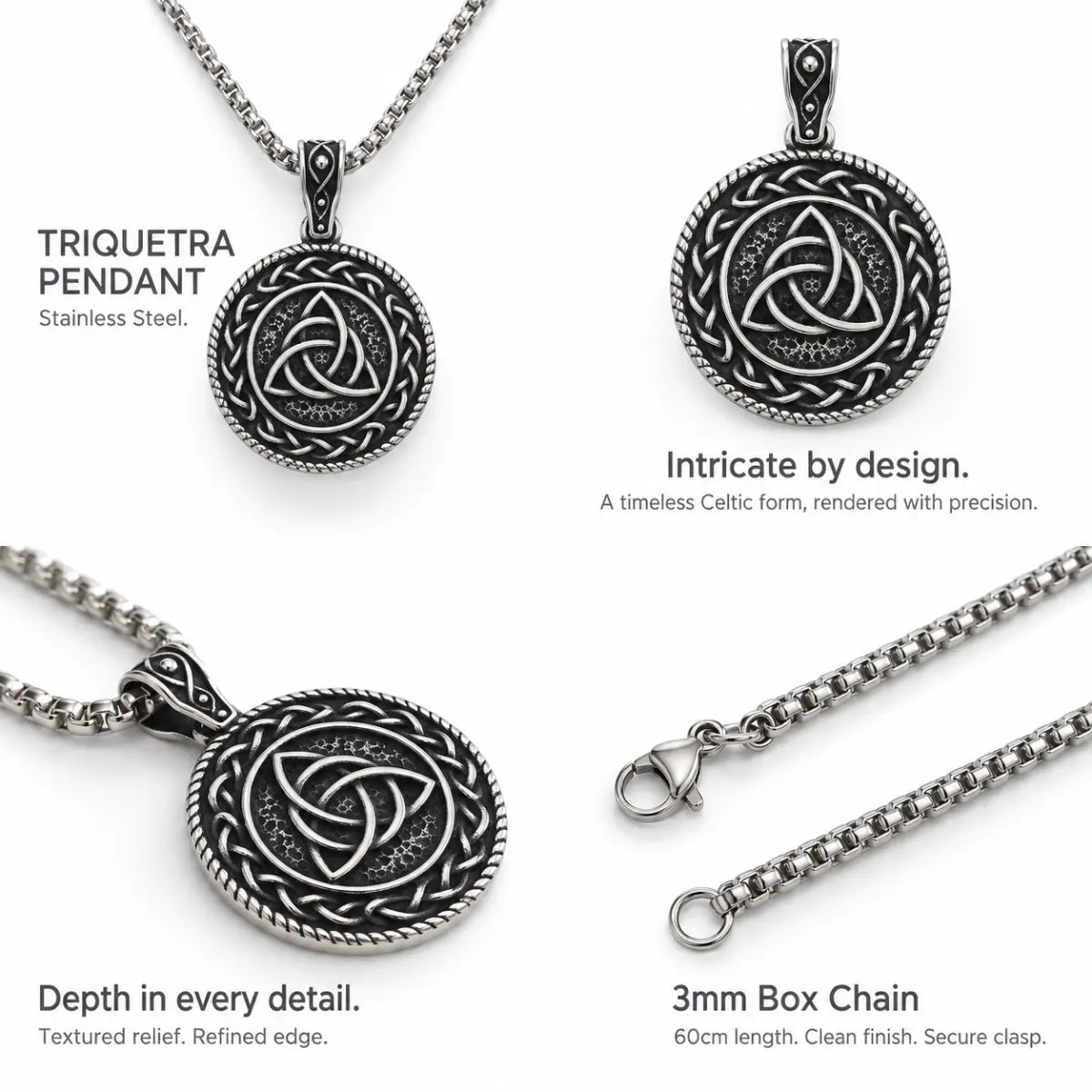 Triquetra Medallion Necklace Multi Angle Product Feature Showcase