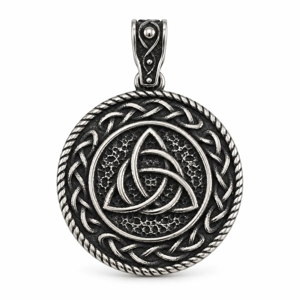 Triquetra Medallion Necklace Pendant Detail View White Background