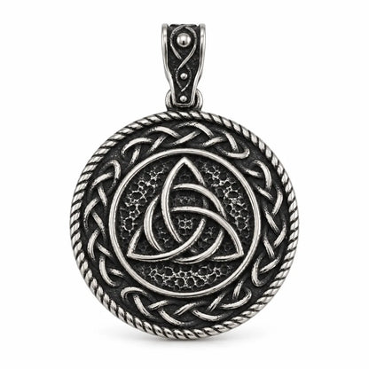 Triquetra Medallion Necklace Pendant Detail View White Background