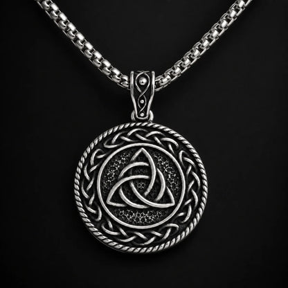 Triquetra Medallion Necklace Pendant Displayed Black Background