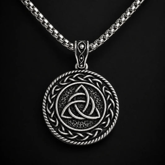 Triquetra Medallion Necklace Pendant Displayed Black Background