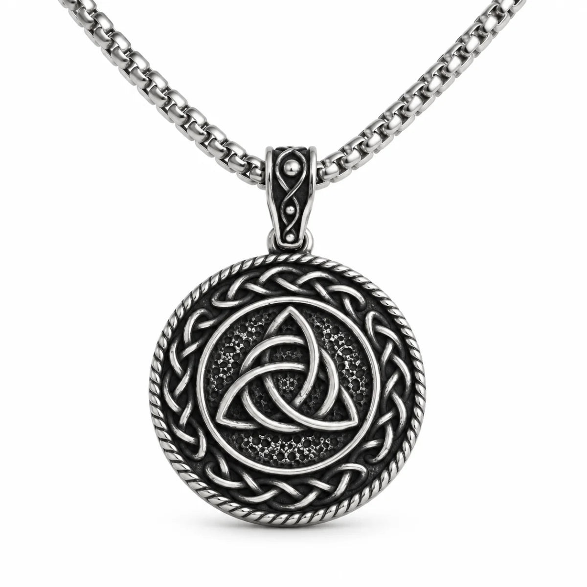 Triquetra Medallion Necklace Pendant with Chain Front View White Background