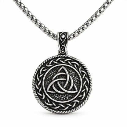 Triquetra Medallion Necklace Pendant with Chain Front View White Background