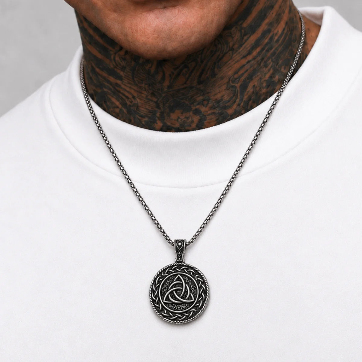 Triquetra Medallion Necklace Worn on Model Front View