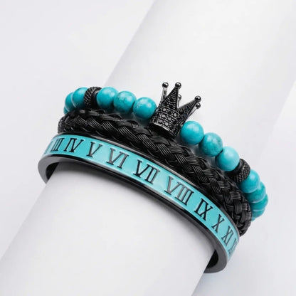 Turquoise Crown & Roman Numeral Bracelet Set Black Details