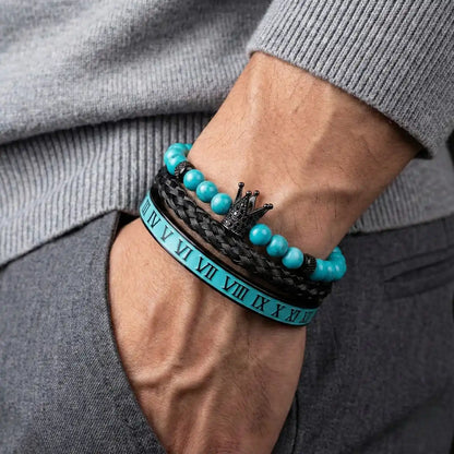 Turquoise Crown & Roman Numeral Bracelet Set Black Worn by Male Model