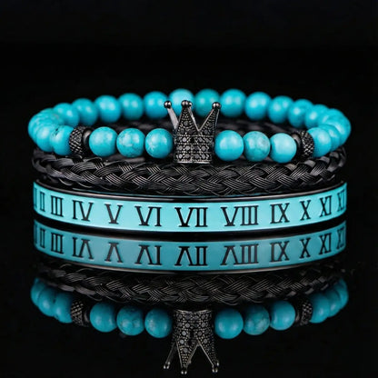 Turquoise Crown & Roman Numeral Bracelet Set Black