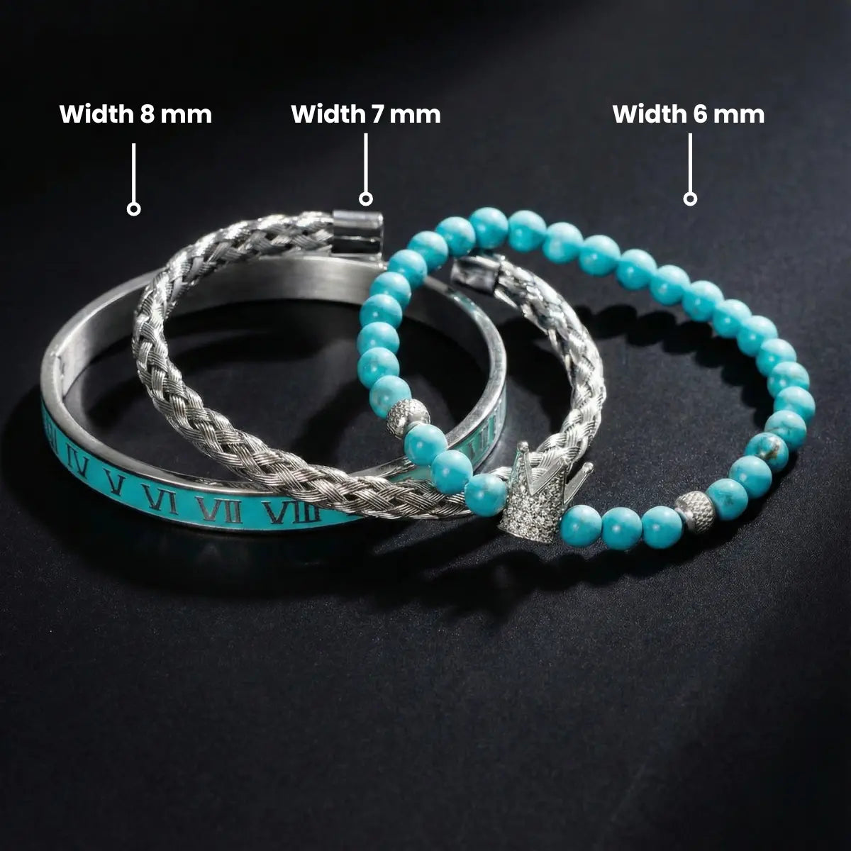 Turquoise Crown & Roman Numeral Bracelet Set Dimensions