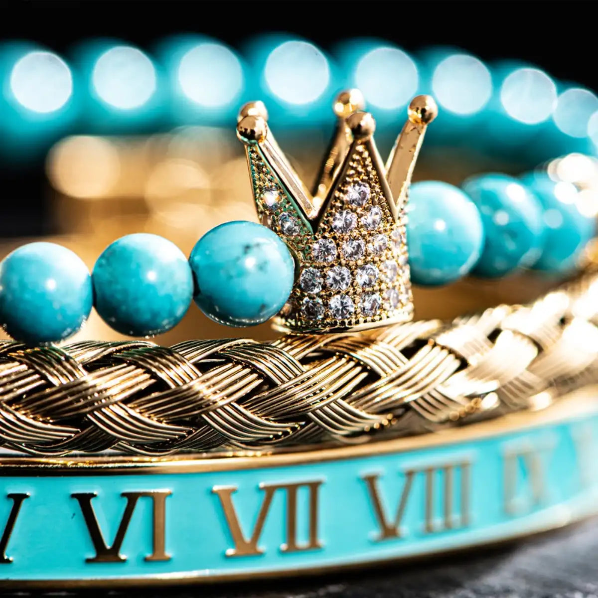 Turquoise Crown & Roman Numeral Bracelet Set Gold Details