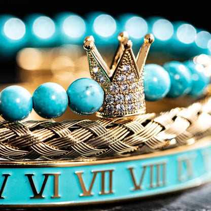 Turquoise Crown & Roman Numeral Bracelet Set Gold Details