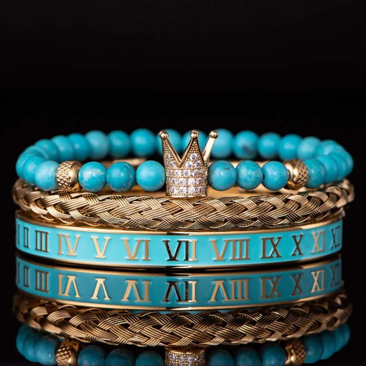 Turquoise Crown & Roman Numeral Bracelet Set Gold