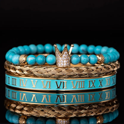 Turquoise Crown & Roman Numeral Bracelet Set Gold