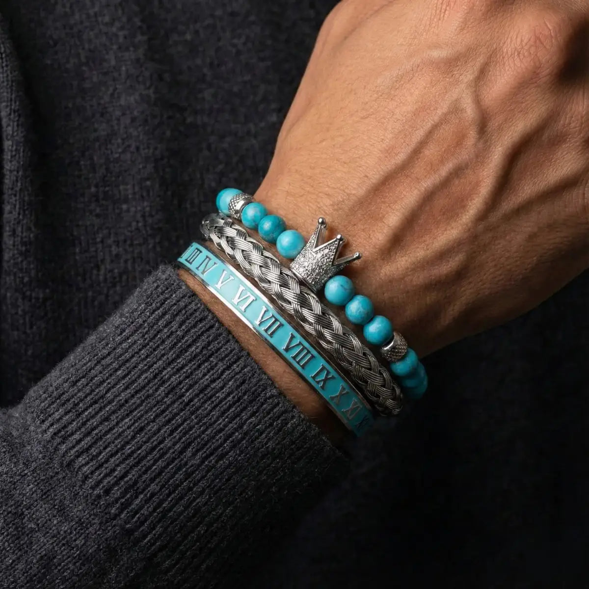 Turquoise Crown & Roman Numeral Bracelet Set Silver Worn by Male Model