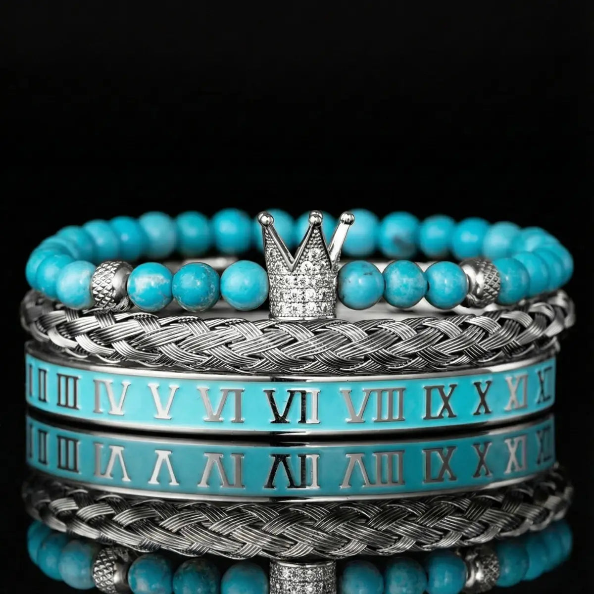 Turquoise Crown & Roman Numeral Bracelet Set Silver