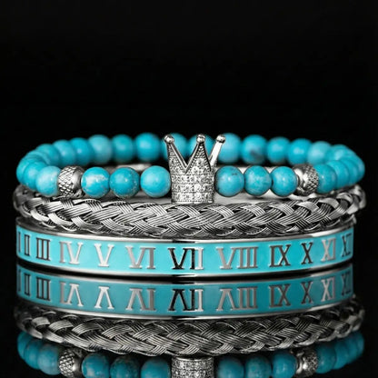 Turquoise Crown & Roman Numeral Bracelet Set Silver