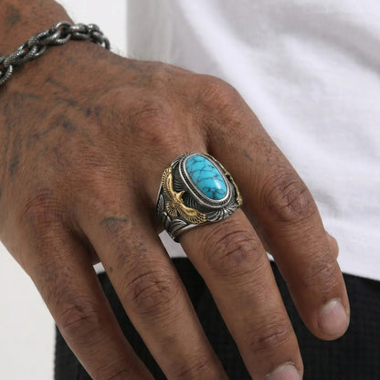 Turquoise Eagle Ring Gold Worn by Male Model Close Up