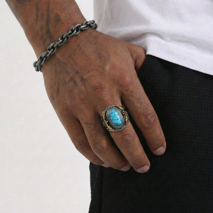 Turquoise Eagle Ring Gold Worn by Male Model