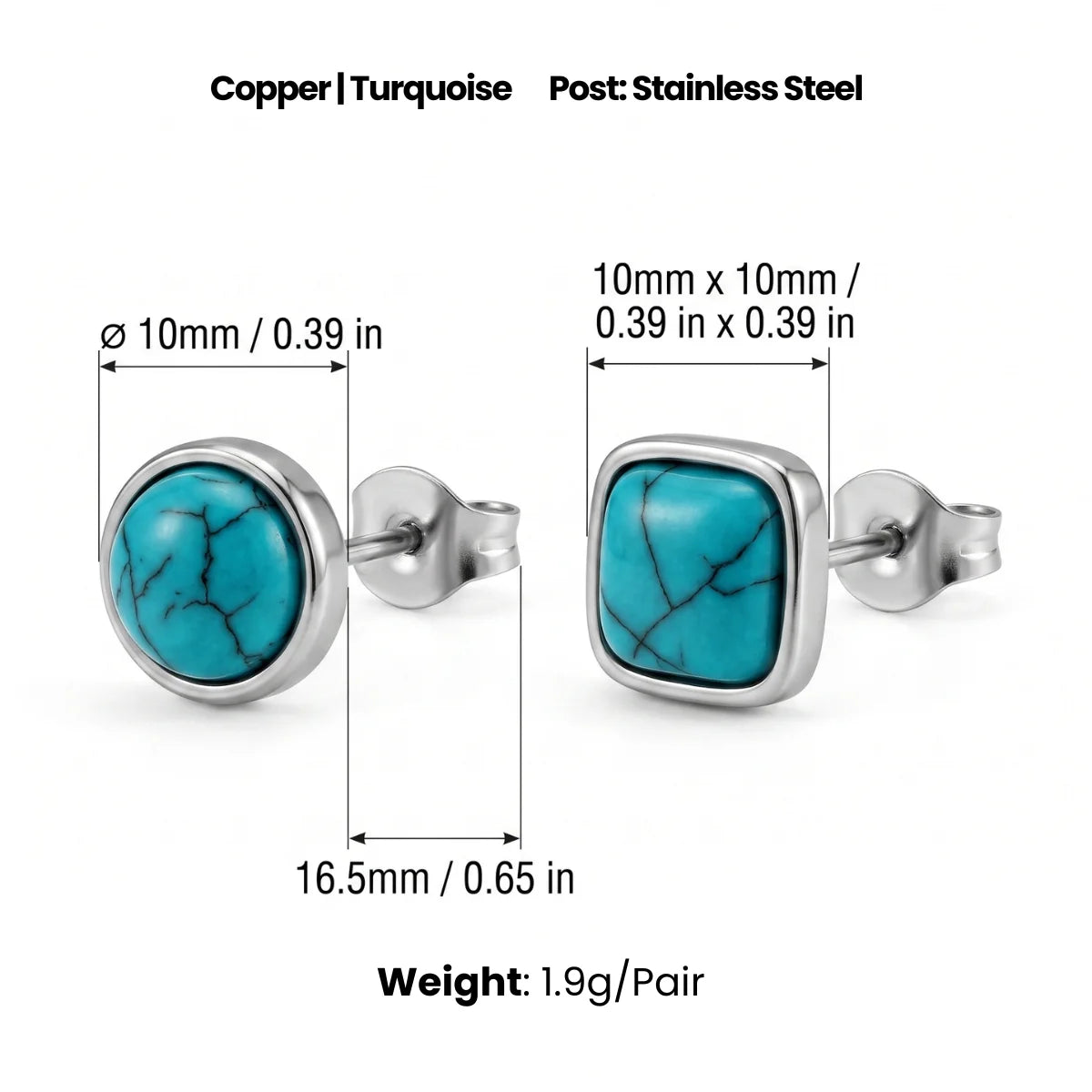 Turquoise Stud Earrings Round and Square Dimensions and Weight