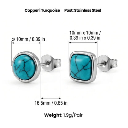 Turquoise Stud Earrings Round and Square Dimensions and Weight