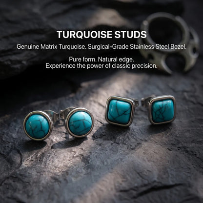 Turquoise Stud Earrings Round and Square on Black Stone Surface