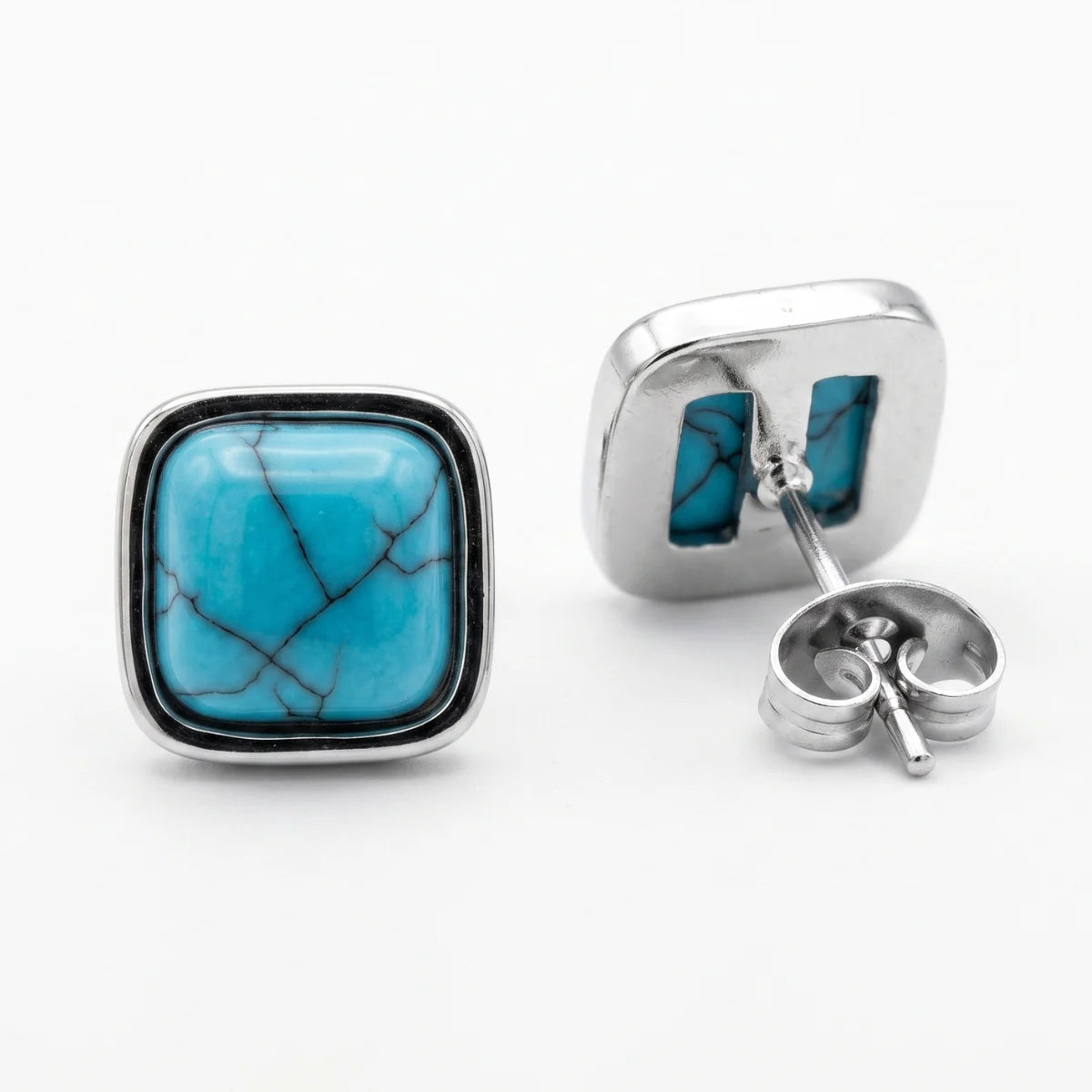 Turquoise Stud Earrings Square Back and Post Details White Background