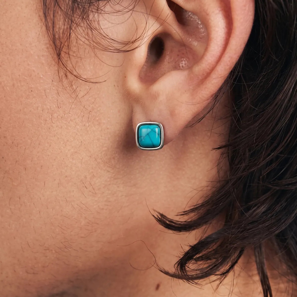 Turquoise Stud Earrings Square Worn by Male Model