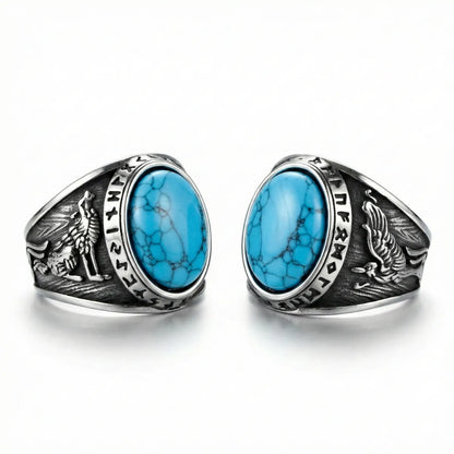 Blue Rune Ring Turquoise Viking Rune Ring | Norse Wolf & Raven Signet