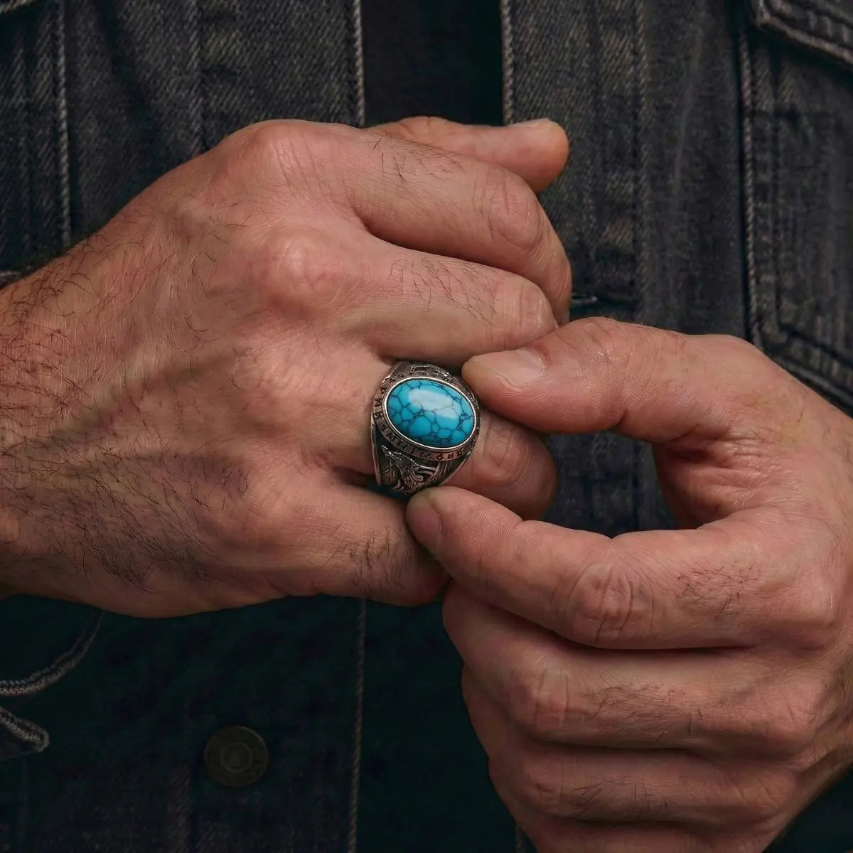 Turquoise Viking Rune Ring Worn by Male Model
