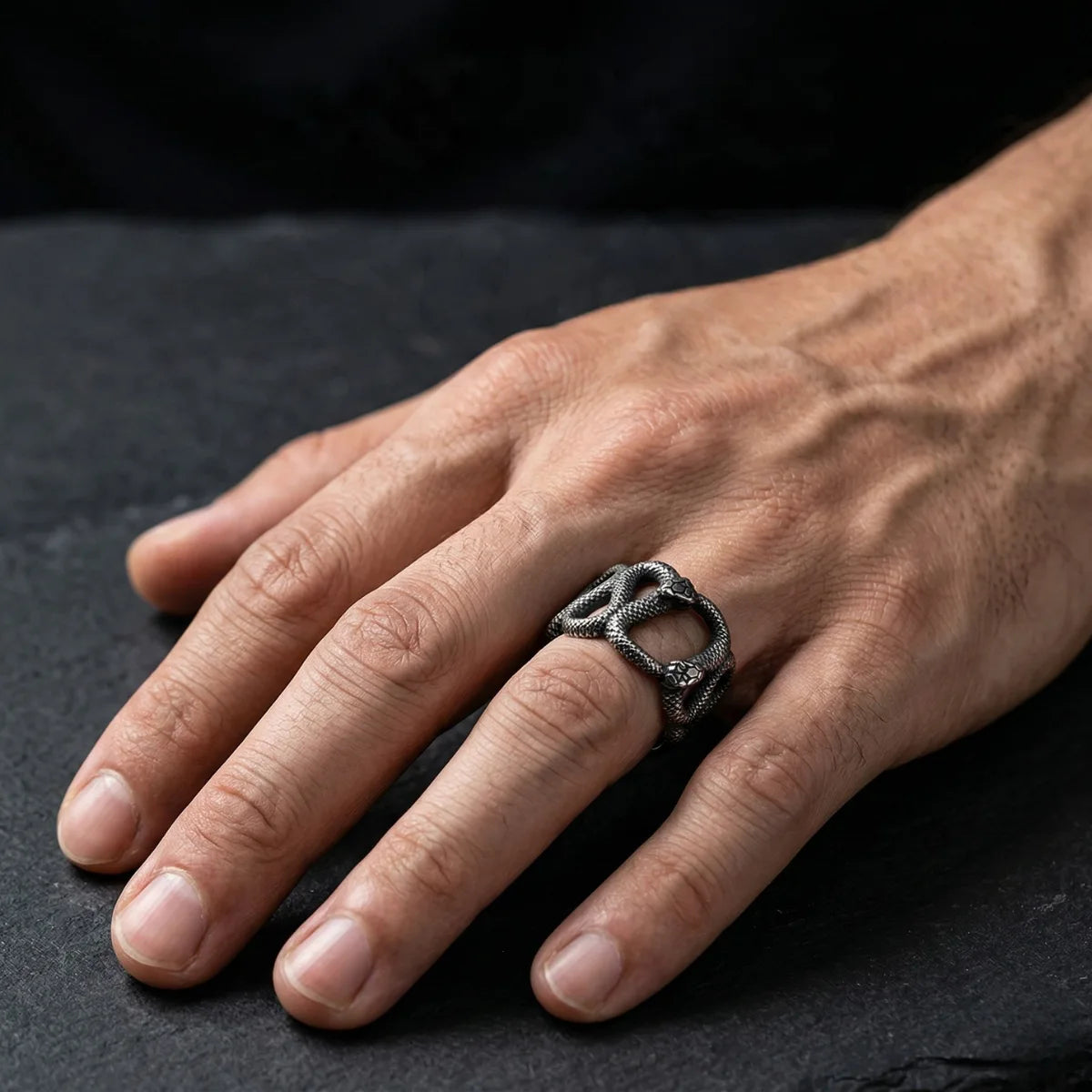 Twin Snake Ring Worn by Male Model Close Up