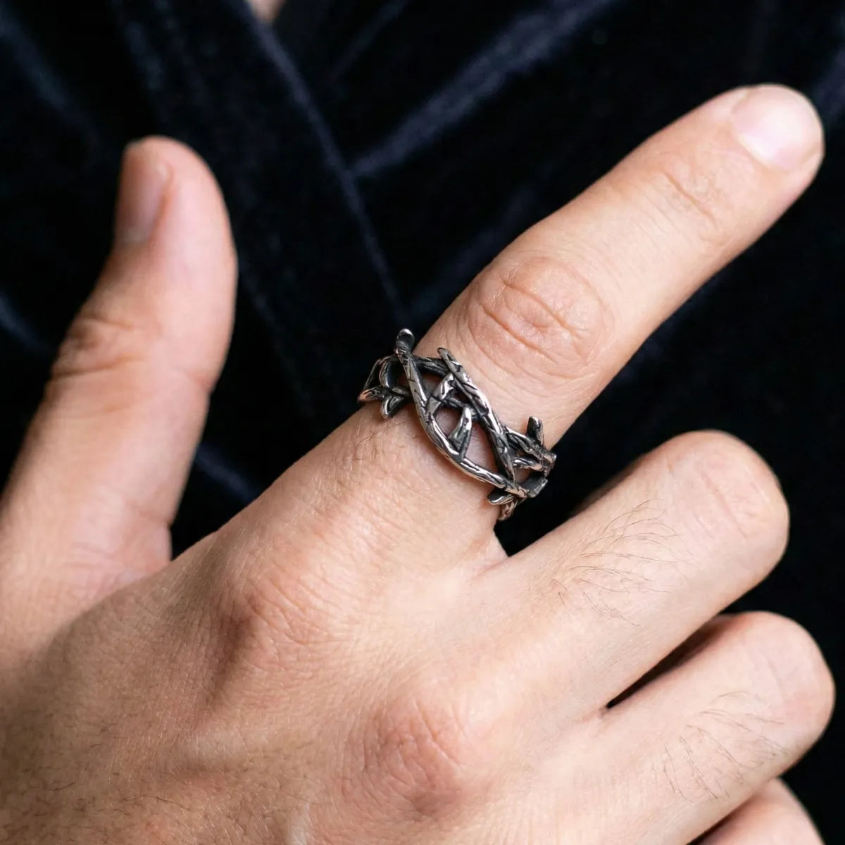 Twisted Branch Thorns Ring Worn by Male Model