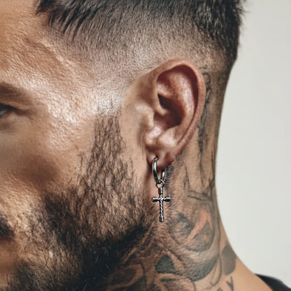 Twisted Cross Dangle Hoop Earrings Worn by Male Model