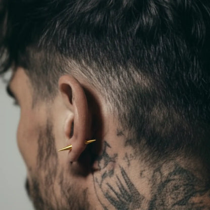 Two Sided Spike Stud Earrings Gold Worn by Male Model