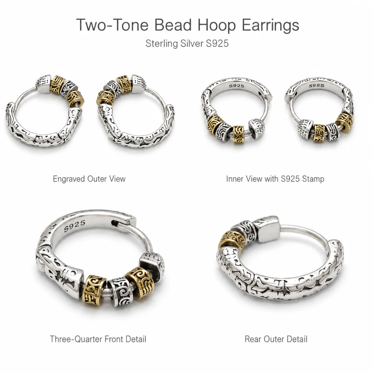 Two-Tone Bead Hoop Earrings Silver Gold Multi Angle Product Feature Showcase