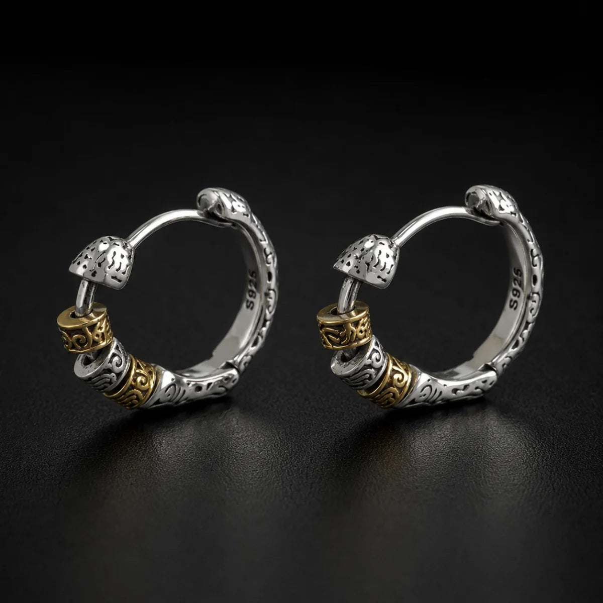 Two-Tone Bead Hoop Earrings Silver Gold Pair Displayed Black Background
