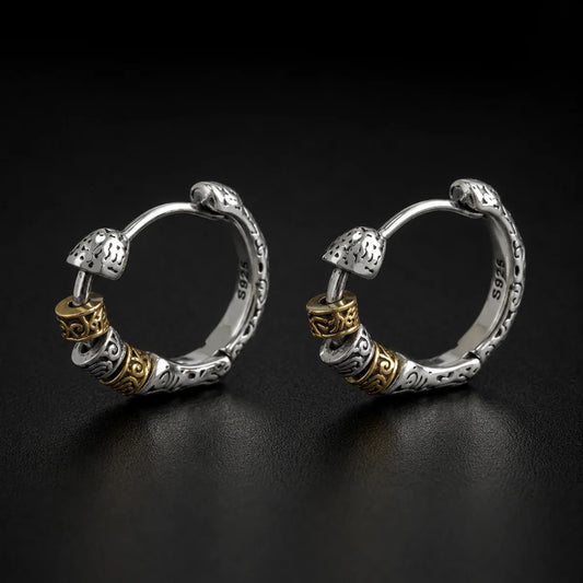 Two-Tone Bead Hoop Earrings Silver Gold Pair Displayed Black Background