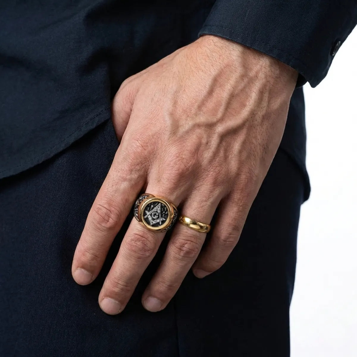 Two Tone Masonic Ring Worn by Male Model