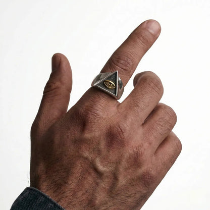 Two Tone Pyramid Eye Ring Worn by Male Model Close Up