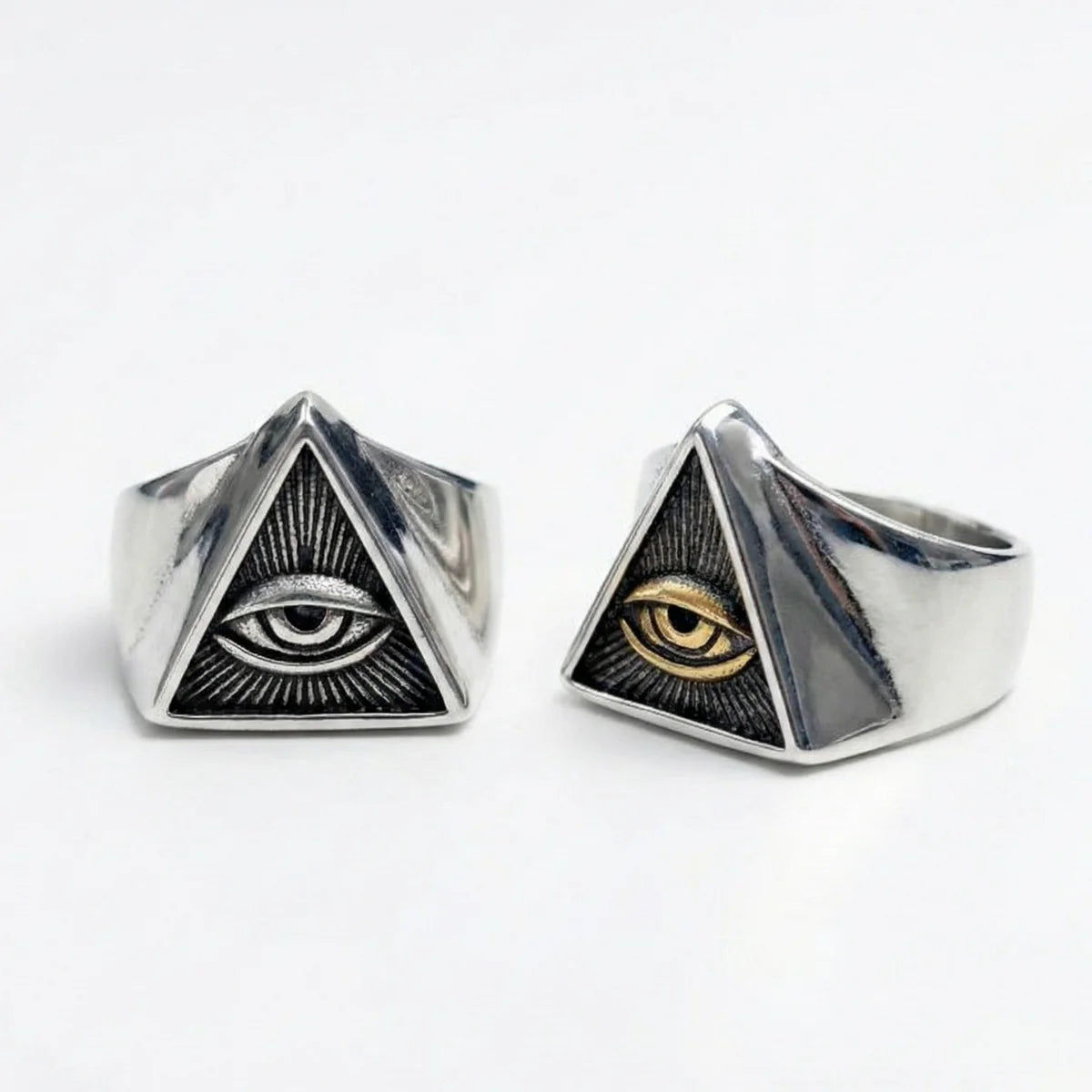Two Tone Pyramid Eye Ring and Silver Pyramid Eye Ring Details