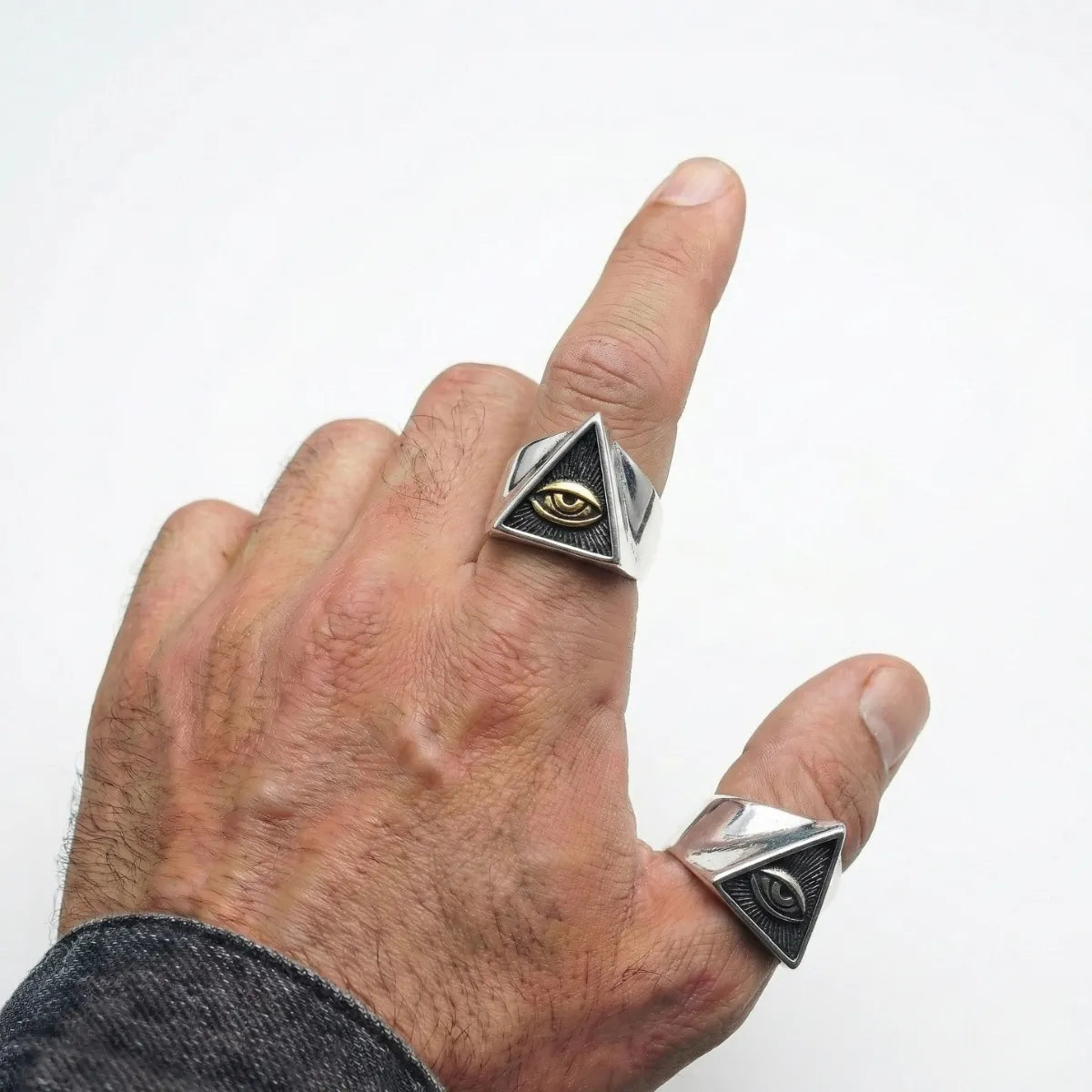 Two Tone Pyramid Eye Ring and Silver Pyramid Eye Ring Worn by Male Model