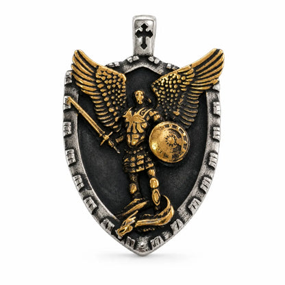 Two Tone St Michael Shield Pendant Close Up Front View White Background