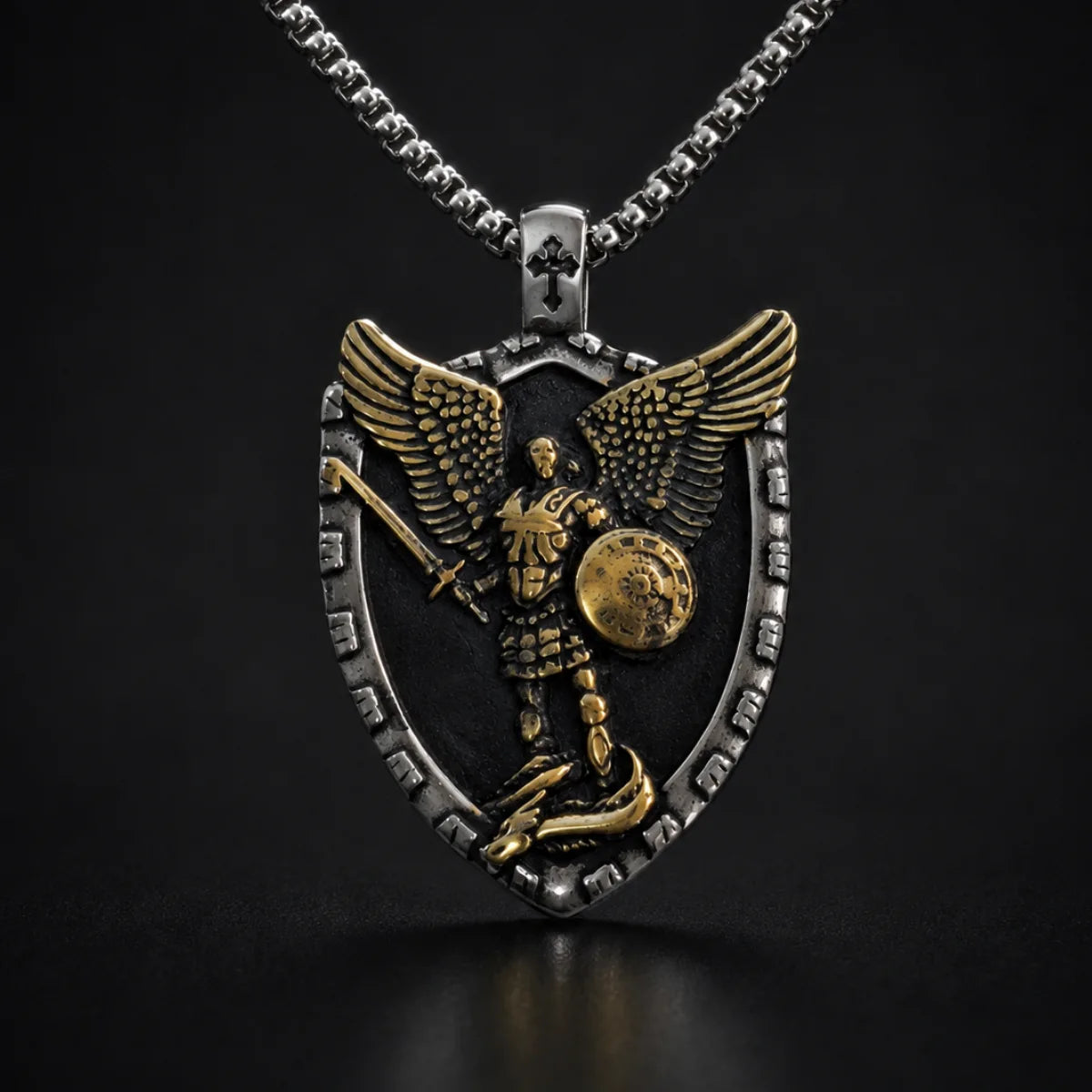 Two Tone St Michael Shield Pendant Necklace Close Up Black Background