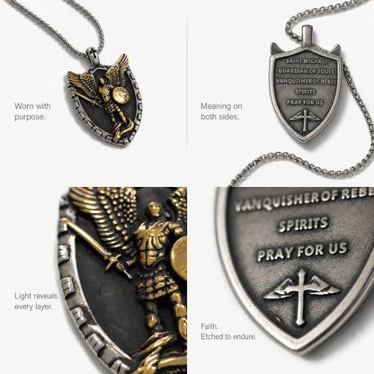 Two Tone St Michael Shield Pendant Necklace Details and Features Infographic